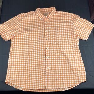 Orange white checkered button down short sleeve Men's Shirt collar